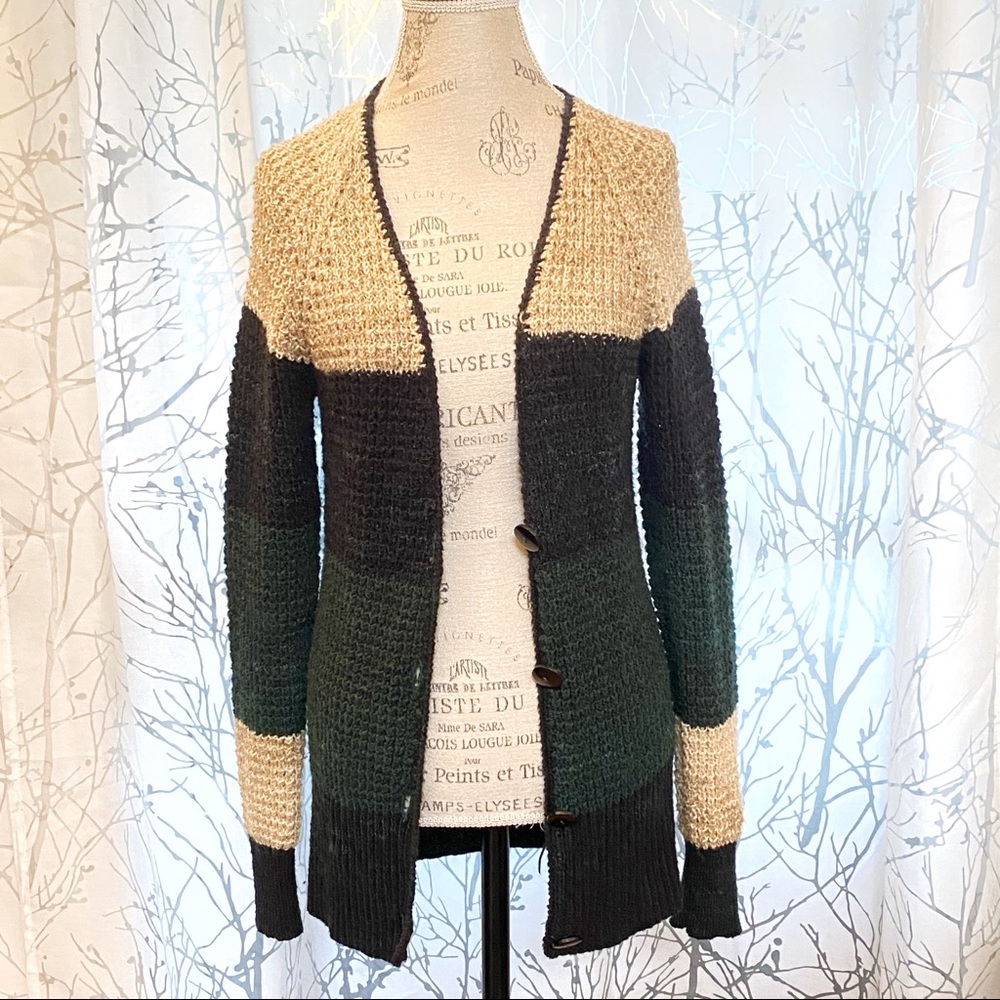 Free People rugby black green tan colorblock V-neck button up cardigan sweater - Picture 6 of 10